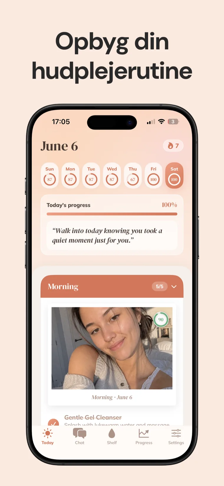 Opbyg din hudplejerutine – Hudpleje: Bestie viser dagens visning med en ugentlig fremskridtsring og morgenrutinens tjekliste