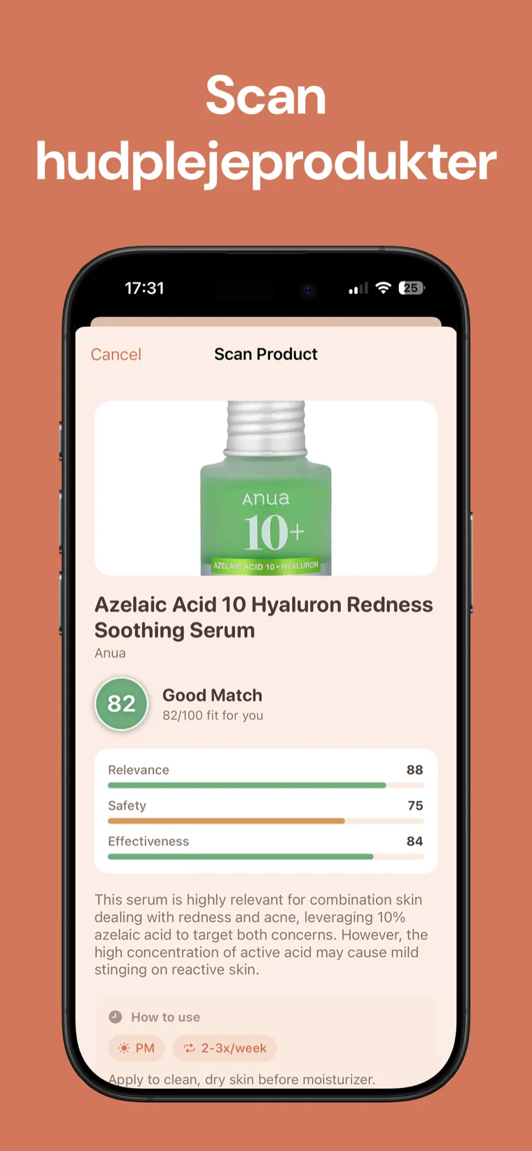 Scan hudplejeprodukter – Hudpleje: Bestie viser produktscanning med fit-score og bjælker for relevans, sikkerhed og effektivitet