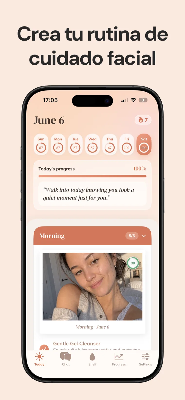 Crea tu rutina de cuidado facial — Rutina Facial vista de hoy con una tira de progreso semanal y la lista de pasos de la mañana