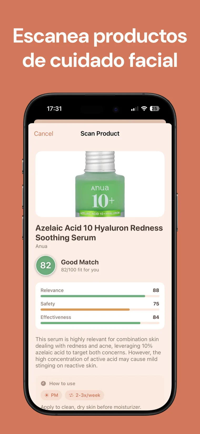 Escanea productos de cuidado facial — Rutina Facial escaneo de producto con puntuación de idoneidad, barras de relevancia, seguridad y eficacia