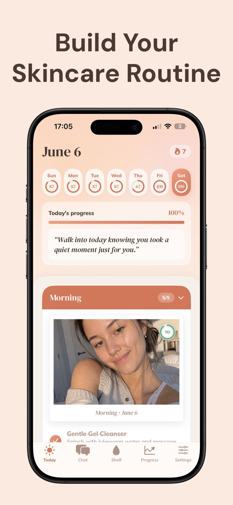 Build your SKINCARE ROUTINE — Skincare Routine today view with a weekly progress ring strip and the morning routine checklist