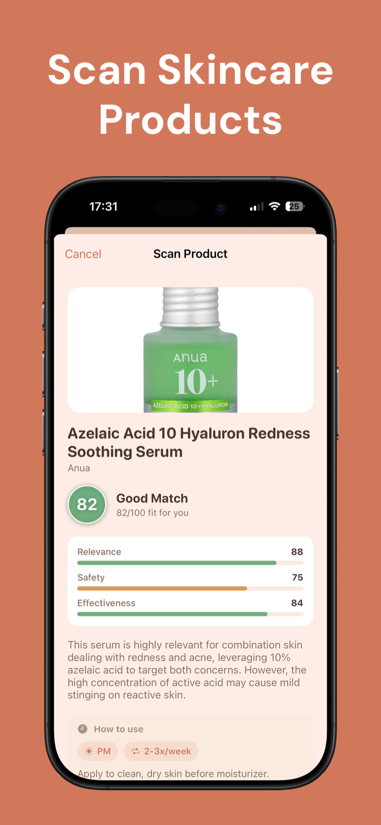 Scan skincare PRODUCTS — Skincare Routine product scan showing a fit score with relevance, safety and effectiveness bars