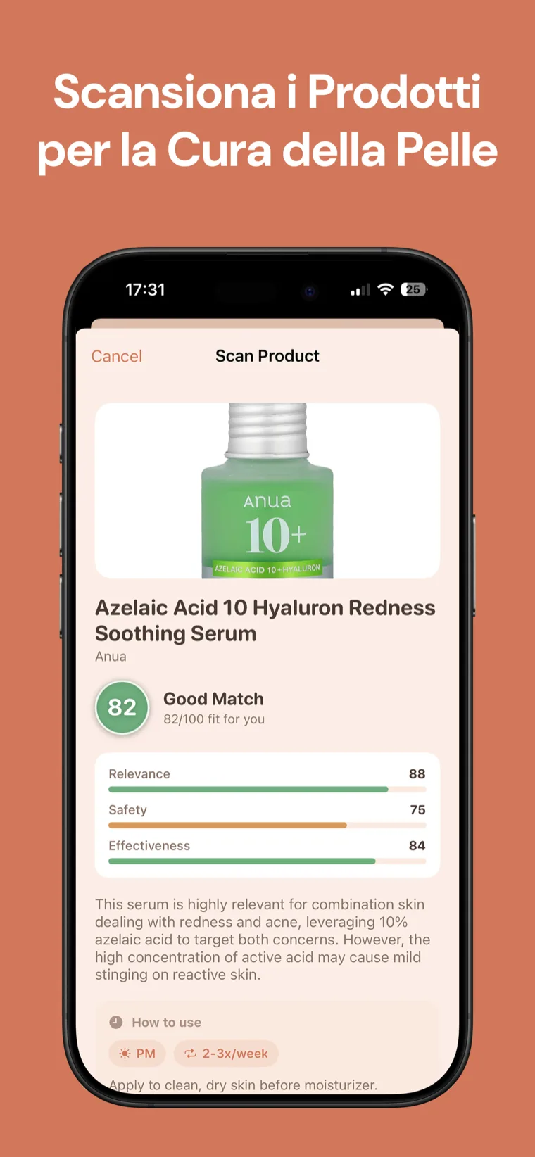 Scansiona i Prodotti per la Cura della Pelle — Scansione prodotto di Skincare Routine che mostra un punteggio di compatibilità con barre di pertinenza, sicurezza ed efficacia