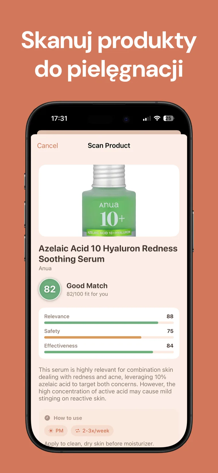Skanuj produkty do pielęgnacji — skan produktu w Skincare Routine pokazujący ocenę dopasowania z paskami przydatności, bezpieczeństwa i skuteczności
