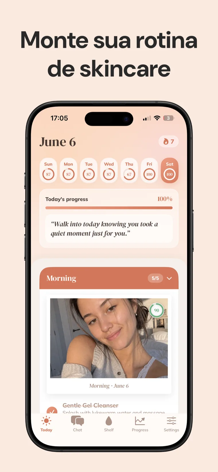 Monte sua rotina de skincare — Rotina de Skincare na visão Hoje com uma faixa de anel de progresso semanal e a lista de verificação da rotina da manhã